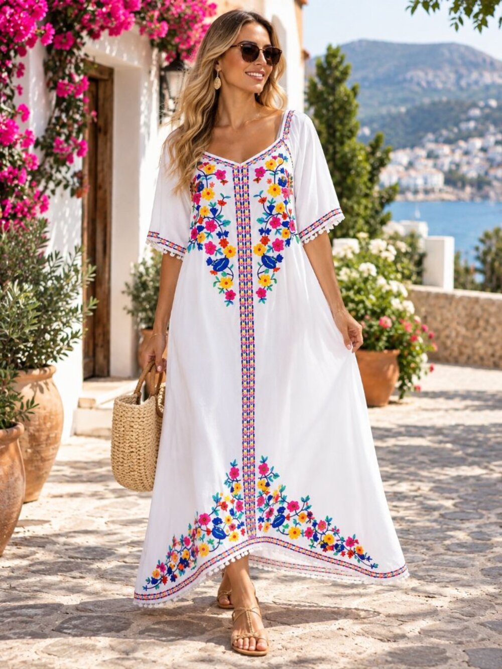 Sundance White Embroidered Boho High-Low Dress Size M